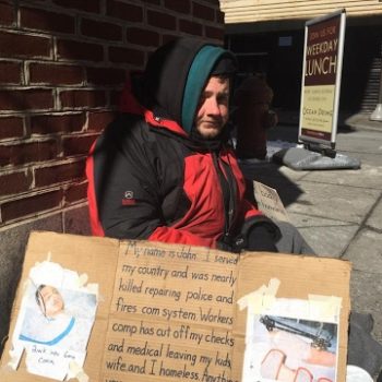 John is homeless. Moments before a woman spit on him because John asked her for a cigarette