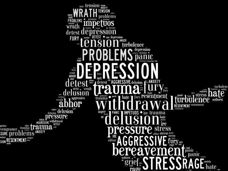 word collage of depressed man