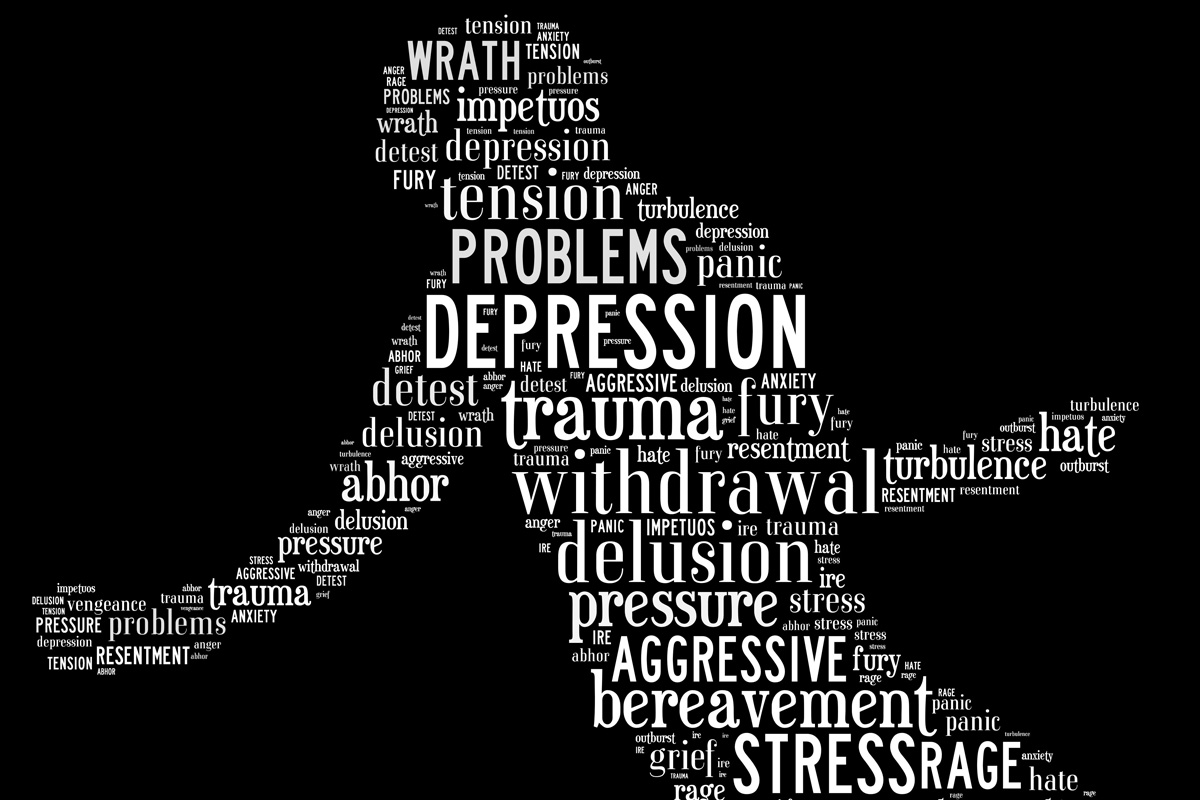 word collage of depressed man