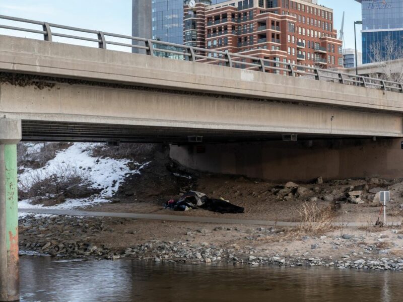 homeless encampment in Denver where officials are attempting to ban winter sweeps