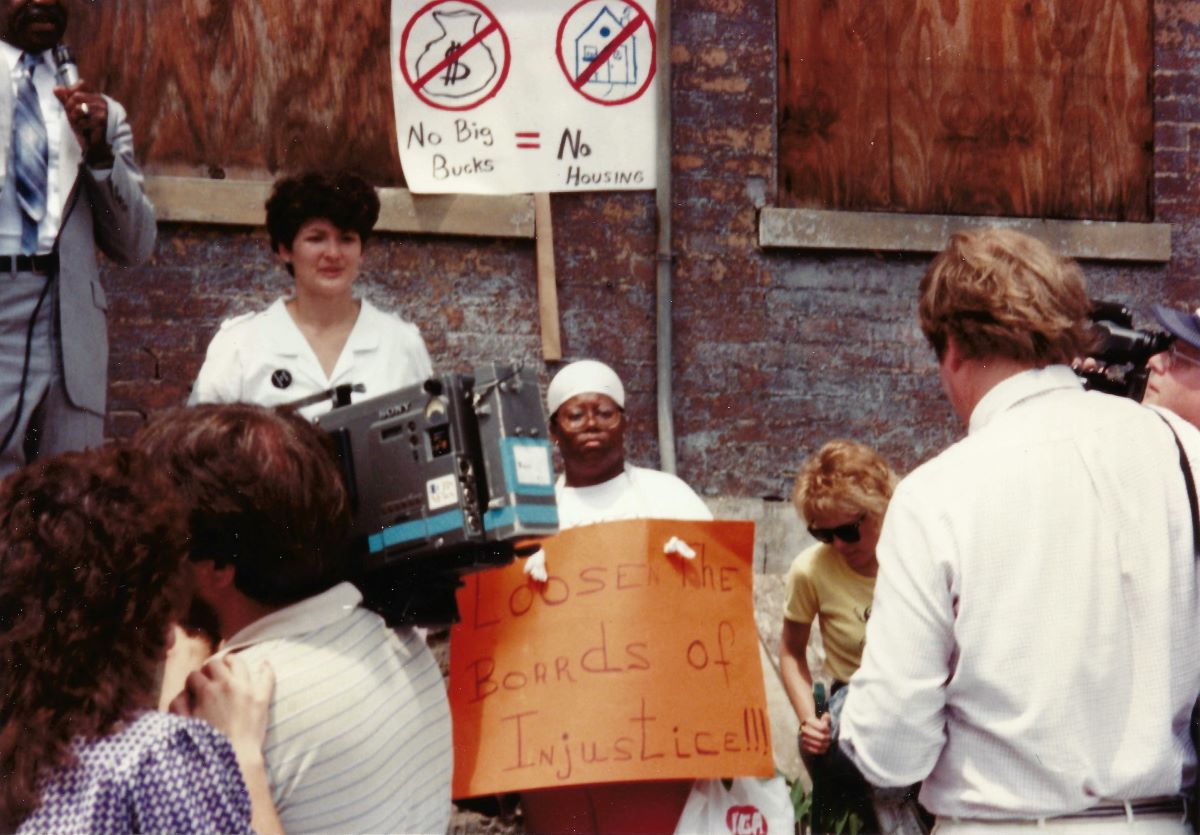 Barbara Poppe speaks at Take Off The Boards protest in Cincinnati during the 1980s